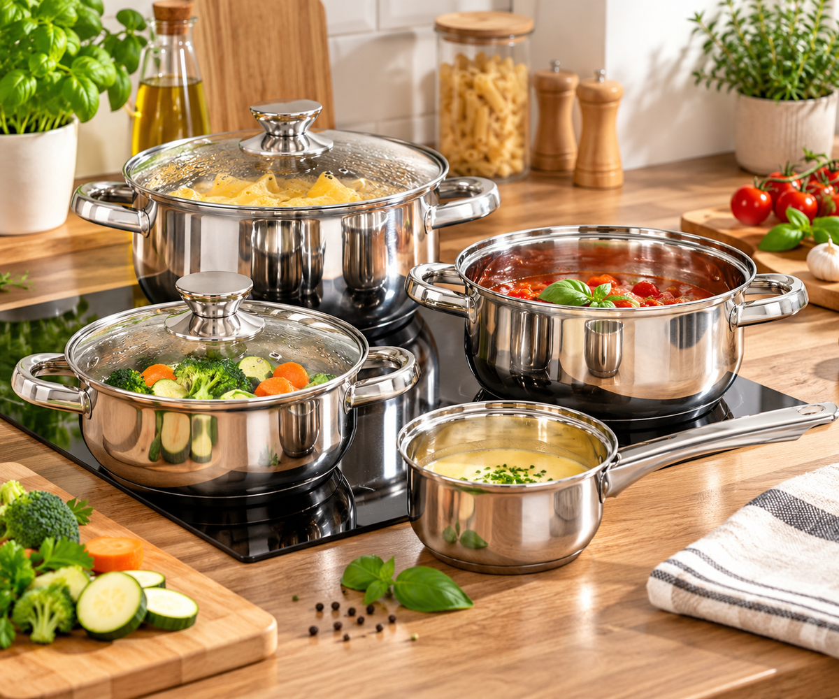 Batteria di Pentole Nova 6 Pezzi in Acciaio Inox, Set Pentole da Cucina, Design Moderno e Funzionale per Preparazioni Quotidiane