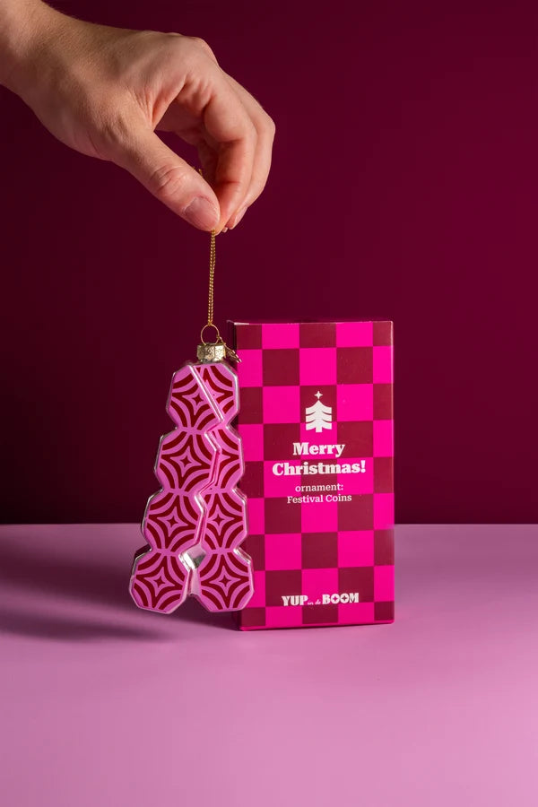 Decorazione Natalizia Festival Token Rosa e Argento in Vetro da Appendere, Addobbo per Albero di Natale, 14 cm