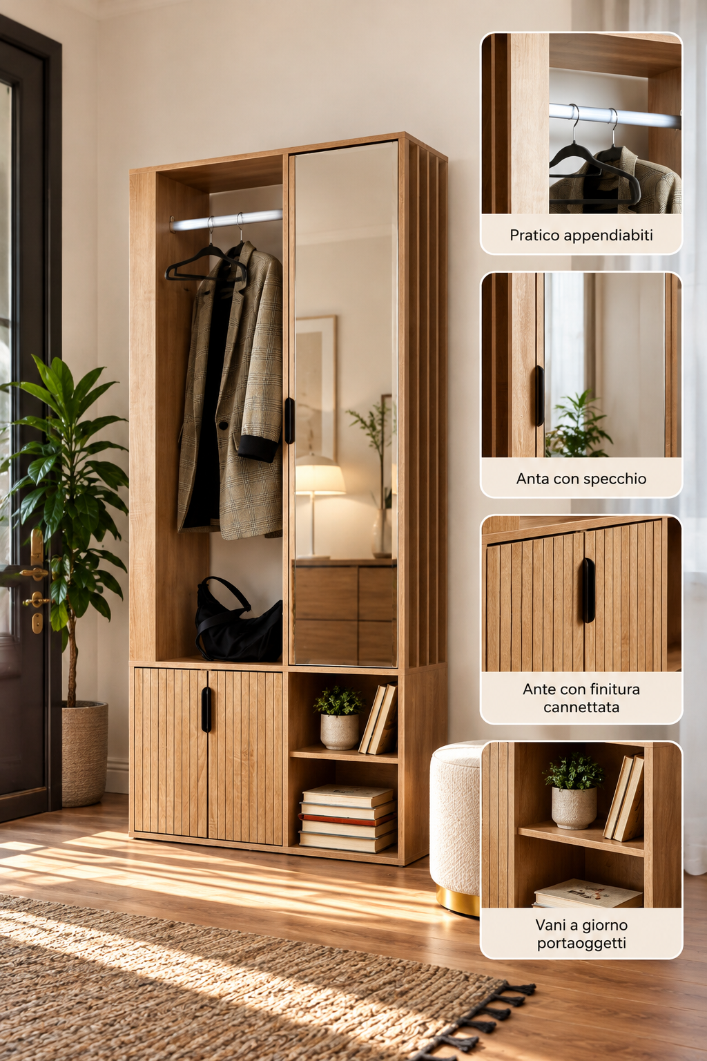 Scarpiera 4 Ante Effetto Legno Rovere Oak Cannettato, Mobile Porta Scarpe Salvaspazio, Design Moderno ed Elegante