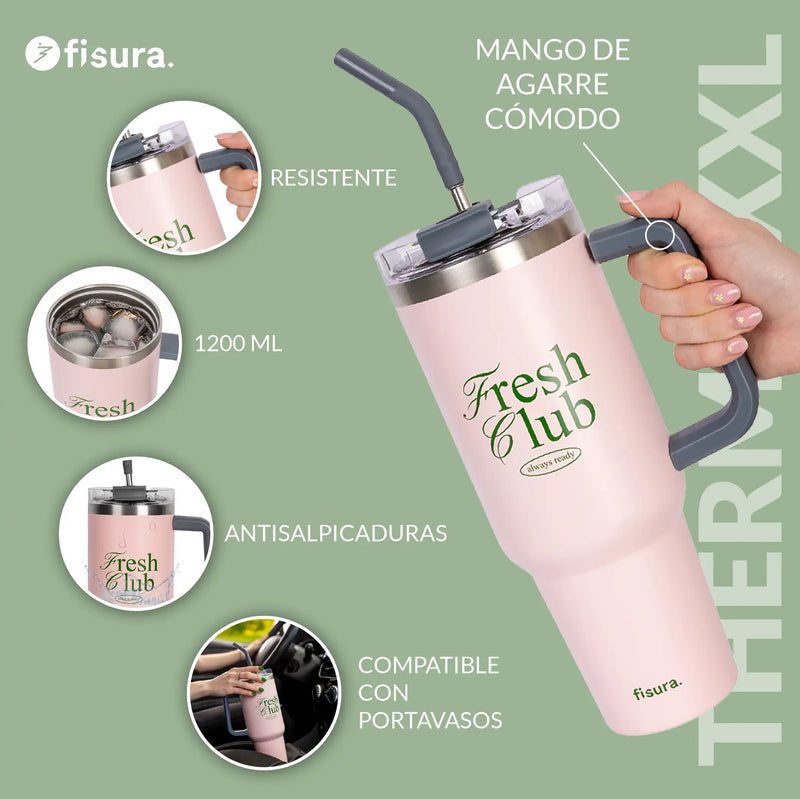 FISURA Thermos XXL con cannuccia e scritta "Fresh club"