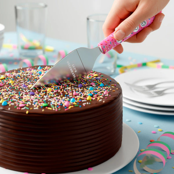 FISURA Coltello musicale per torta con scritta "Let's celebrate"