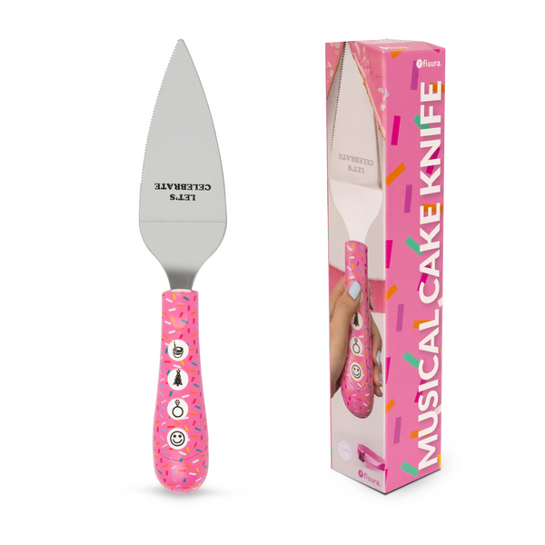FISURA Coltello musicale per torta con scritta "Let's celebrate"