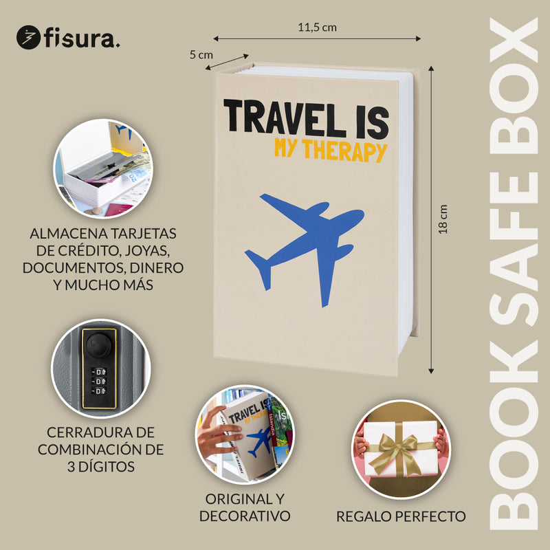 FISURA Cassaforte a forma di libro con scritta "Travel is my therapy"