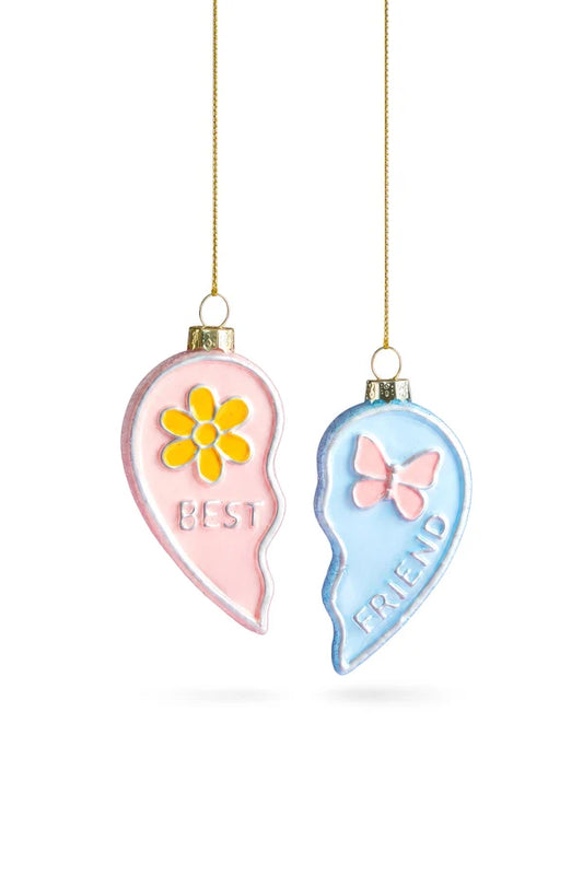 Set 2 Decorazioni Natalizie Cuore Best Friends in Vetro Rosa e Azzurro da Appendere, Addobbi per Albero di Natale, 10 cm