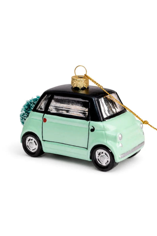 Decorazione Natalizia Auto City Car Verde Menta in Vetro da Appendere, Addobbo a Forma di Macchina per Albero di Natale, 10 cm