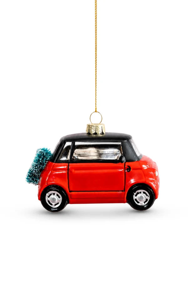 Decorazione Natalizia Auto City Car Arancione in Vetro da Appendere, Addobbo a Forma di Macchina per Albero di Natale, 10 cm