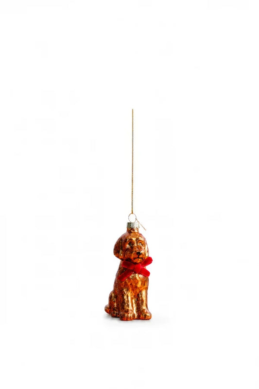 Decorazione Natalizia Labradoodle in Vetro Marrone e Oro da Appendere, Addobbo a Forma di Cane per Albero di Natale, 11 cm