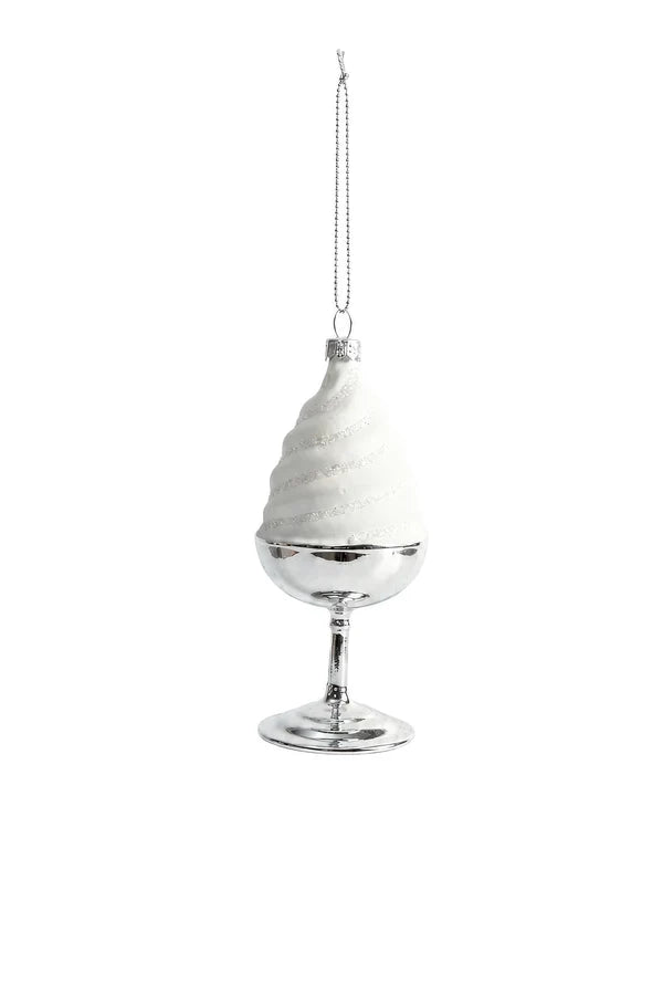 Decorazione Natalizia Coppa Gelato Soft Bianco e Argento in Vetro da Appendere, Addobbo per Albero di Natale, 12,5 cm