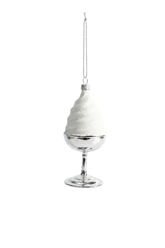 Decorazione Natalizia Coppa Gelato Soft Bianco e Argento in Vetro da Appendere, Addobbo per Albero di Natale, 12,5 cm