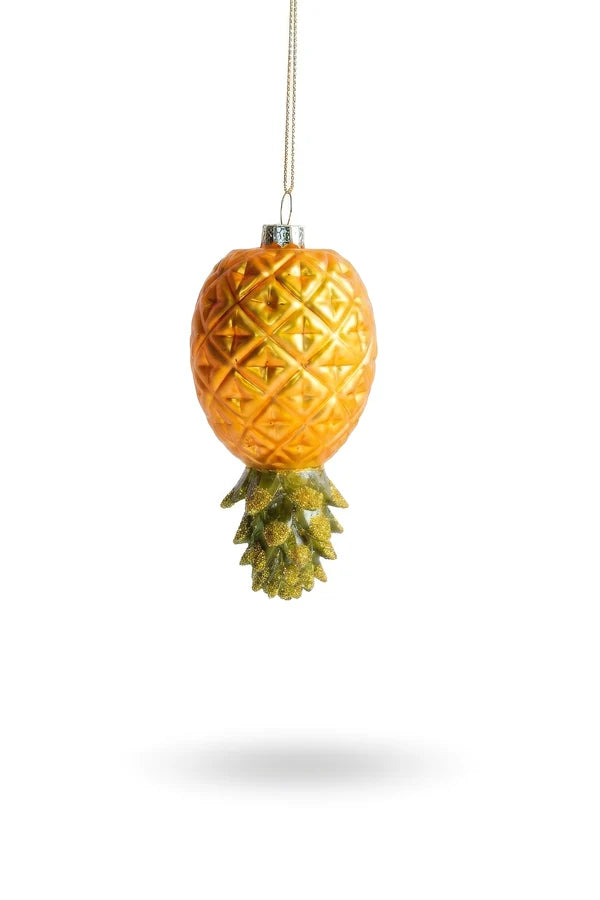 Decorazione Natalizia Ananas Capovolto in Vetro Giallo e Verde da Appendere, Addobbo Originale per Albero di Natale, 12 cm