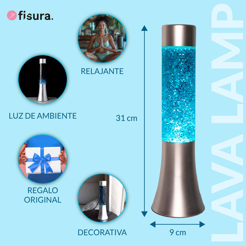 FISURA Lampada lava glitter da 30 cm con base argento e liquido blu