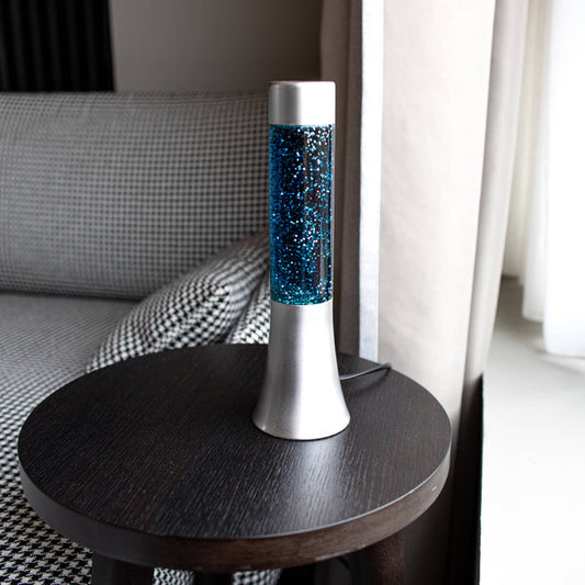 FISURA Lampada lava glitter da 30 cm con base argento e liquido blu