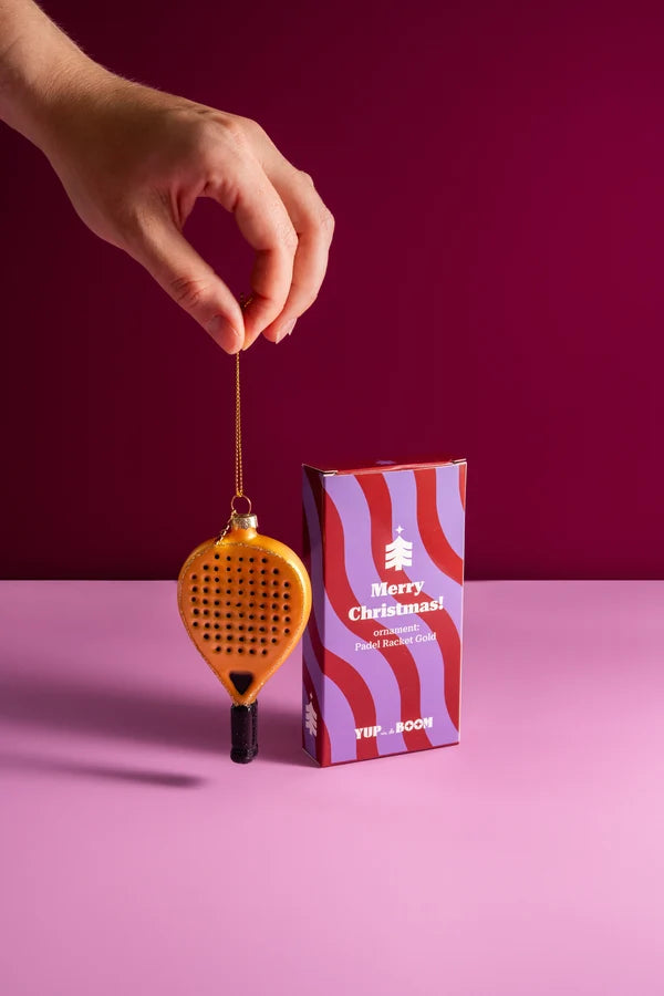Decorazione Natalizia Racchetta Padel Dorata in Vetro da Appendere, Addobbo per Albero di Natale, 10 cm