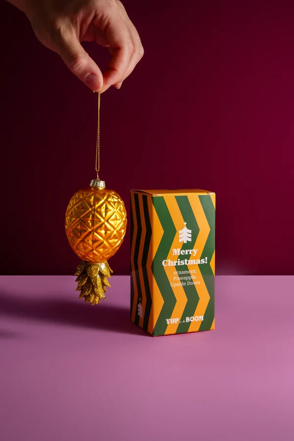 Decorazione Natalizia Ananas Capovolto in Vetro Giallo e Verde da Appendere, Addobbo Originale per Albero di Natale, 12 cm