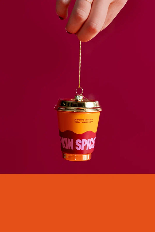 Decorazione Natalizia Pumpkin Spice Latte in Vetro da Appendere, Addobbo a Forma di Bicchiere di Caffè per Albero di Natale, 9,5 cm