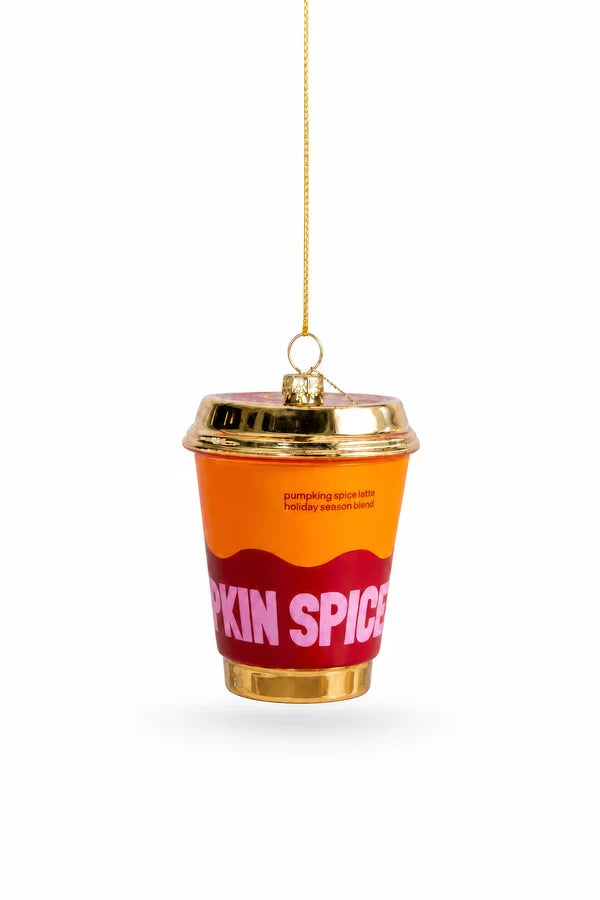 Decorazione Natalizia Pumpkin Spice Latte in Vetro da Appendere, Addobbo a Forma di Bicchiere di Caffè per Albero di Natale, 9,5 cm