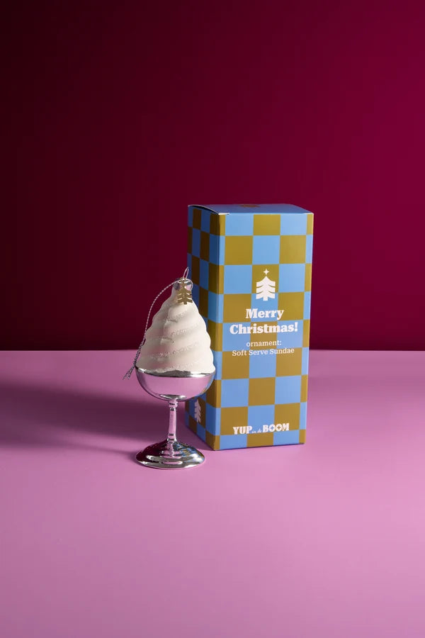 Decorazione Natalizia Coppa Gelato Soft Bianco e Argento in Vetro da Appendere, Addobbo per Albero di Natale, 12,5 cm