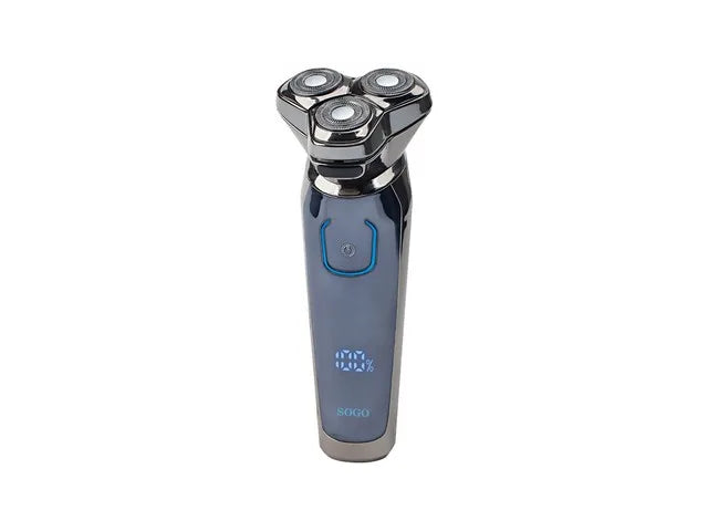 SOGO Rasoio elettrico wireless ricaricabile con 3 testine, display led - blu/cromato