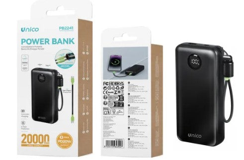Power Bank 20000 mAh 22,5W Ricarica Rapida con Cavo Integrato e Laccetto Nero PB2241
