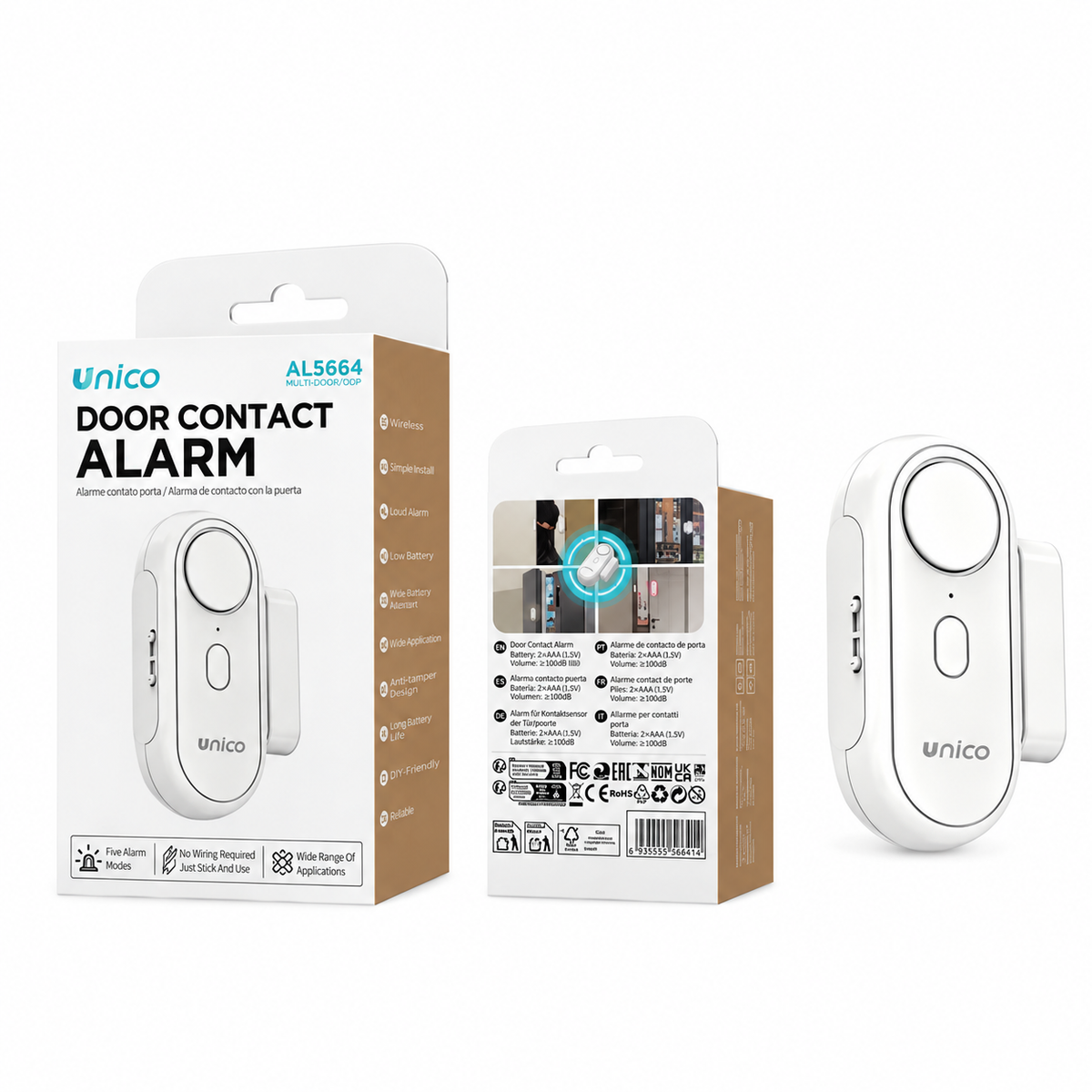 Allarme Wireless per Porte e Finestre con Sensore Magnetico di Apertura, Alimentazione a Batterie, Bianco