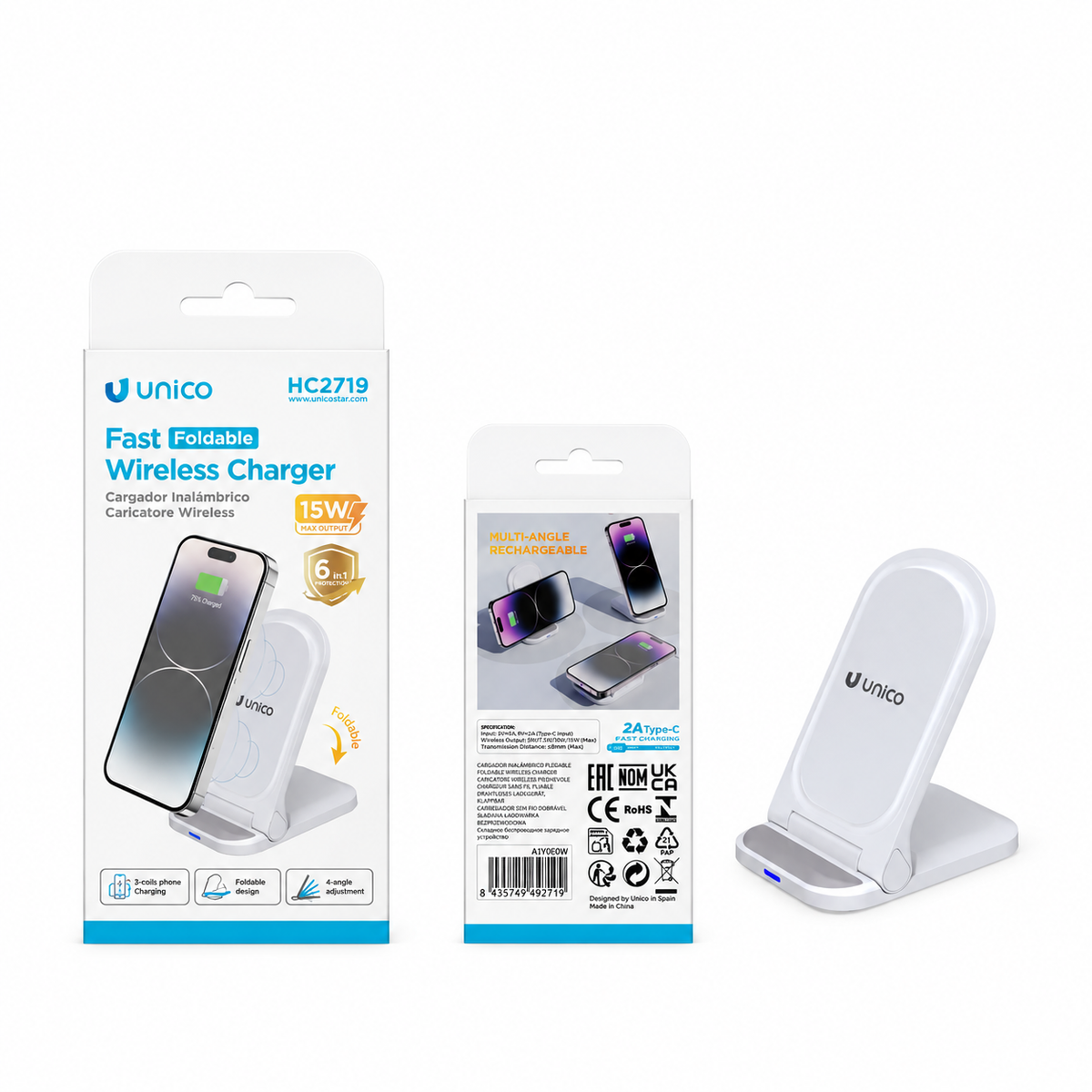 Unico HC2719 Caricabatterie Wireless Pieghevole da Tavolo 15W, Base di Ricarica Senza Fili con Cavo USB-C da 1 m, Bianco