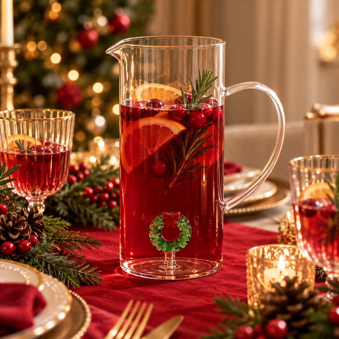H&H Caraffa Natalizia in Vetro Borosilicato da 1 Litro con Ghirlanda