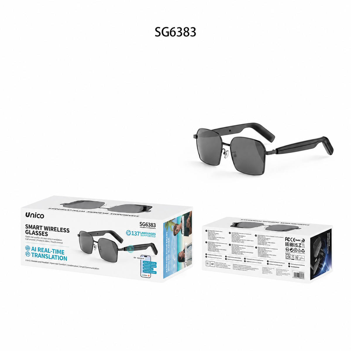Unico SG6383 Occhiali Smart Bluetooth con Traduzione Intelligente IA, Audio Integrato e Design Moderno