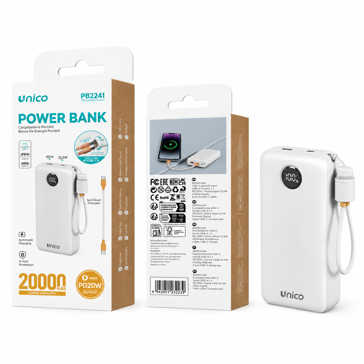 Power Bank PB2241 20000 mAh con Ricarica Rapida 22,5W e Cavo Integrato, Batteria Esterna Portatile per Smartphone, Bianco