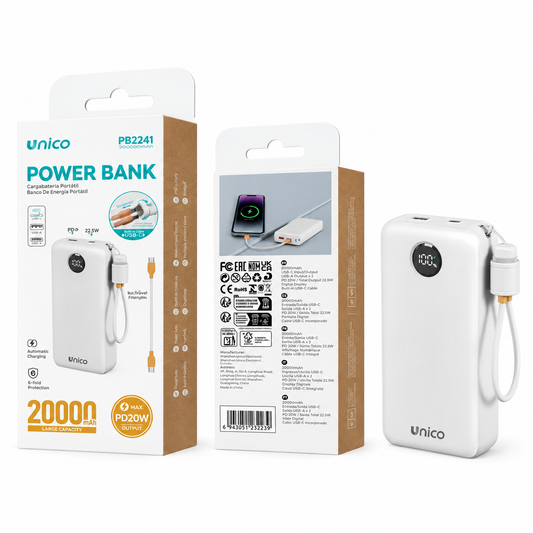 Power Bank PB2241 20000 mAh con Ricarica Rapida 22,5W e Cavo Integrato, Batteria Esterna Portatile per Smartphone, Bianco