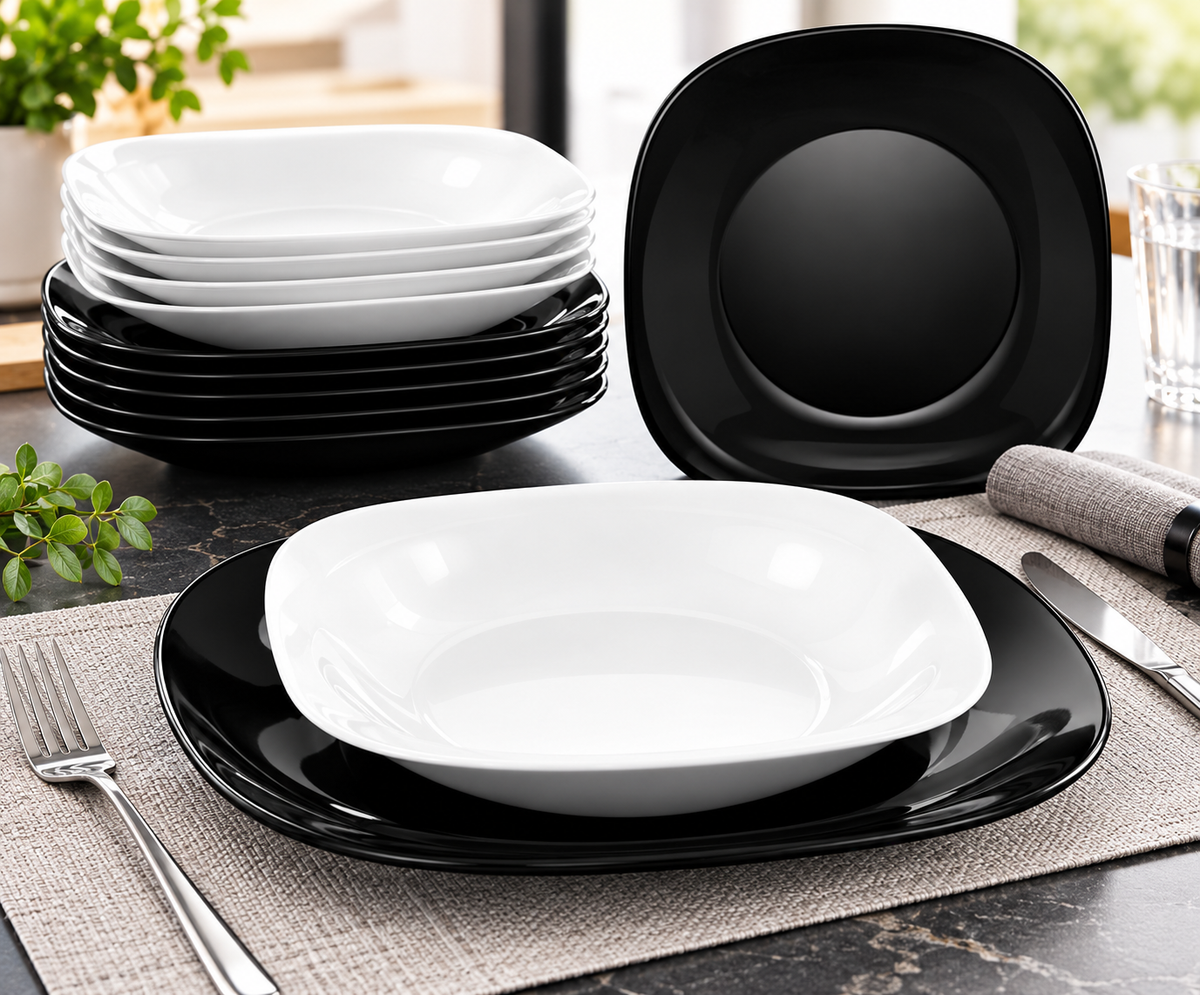 Servizio Tavola 18 Pezzi in Opale Bianco e Nero