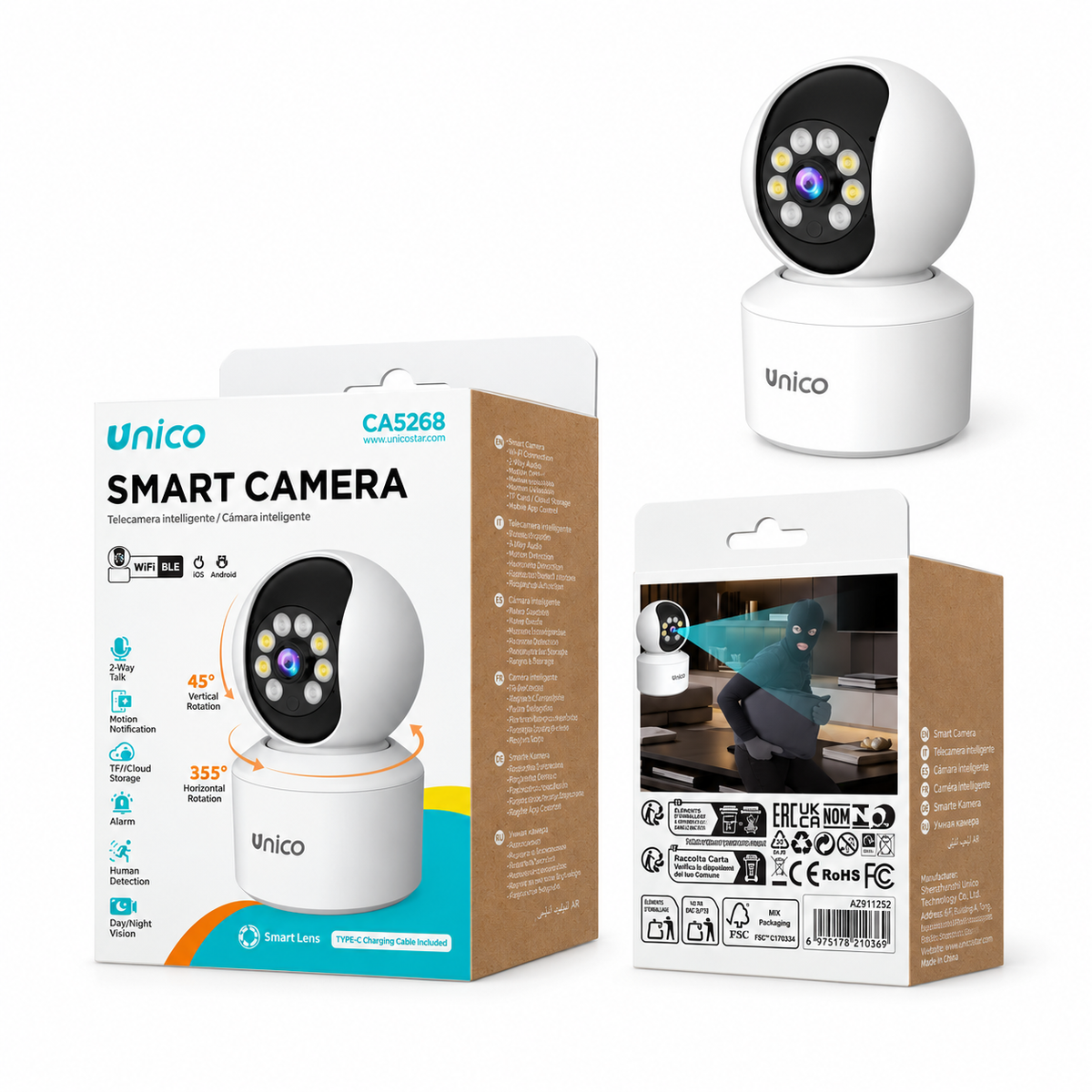 Unico CA5268 Telecamera di Sorveglianza da Interno con Doppia Illuminazione, Design Pupazzo di Neve, Cavo USB da 1 m, Bianca