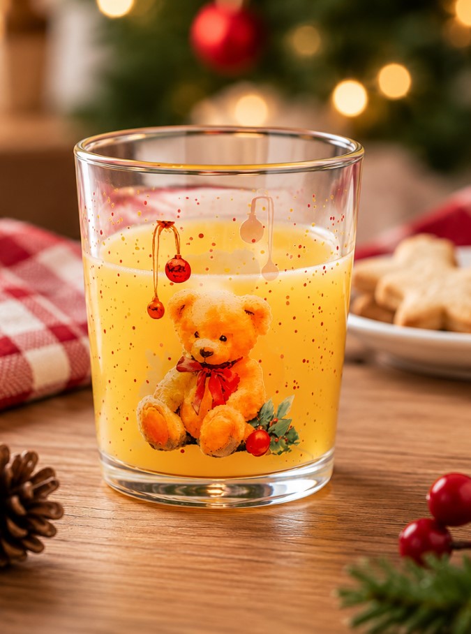 Set 3 Bicchieri Treasure in Vetro da 35 cl - Bicchieri Acqua con Decorazione Orsetto Natalizio, Ideali per Tavola, Bevande e Idee Regalo di Natale H&H