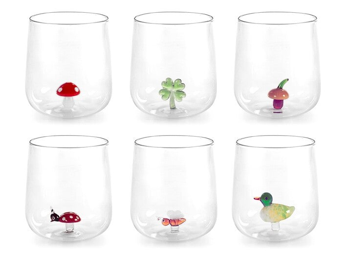 set sei bicchieri in vetro borosilicato trasparente con miniature interne decori assortiti cl 46H&H