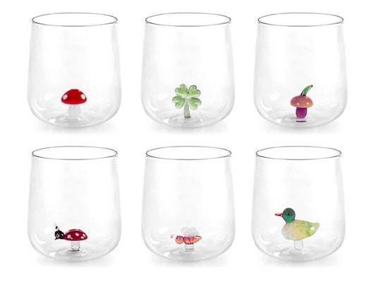 set sei bicchieri in vetro borosilicato trasparente con miniature interne decori assortiti cl 46H&H