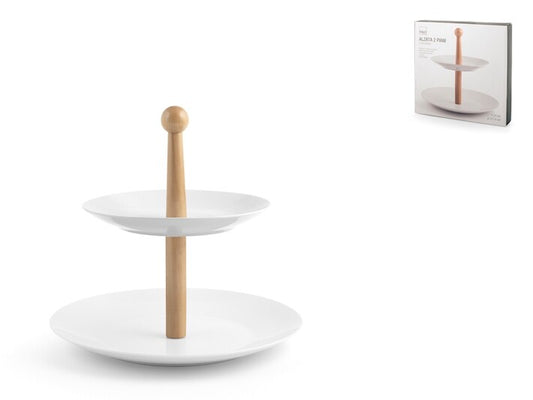 Alzata 2 piani in porcellana con manico in legno, colore avorioH&H