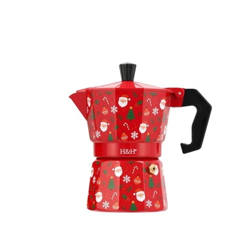 H&H Caffettiera Moka Natalizia in Alluminio 3 Tazze Rossa, Decorazione Babbo Natale, Alberi di Natale e Fiocchi di Neve