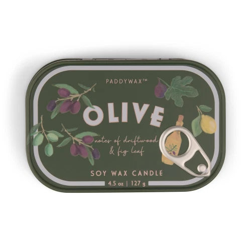 Candela in latta stampata Bistro da 127 g (4,5 oz) con motivo a olive - Fico e Oliva