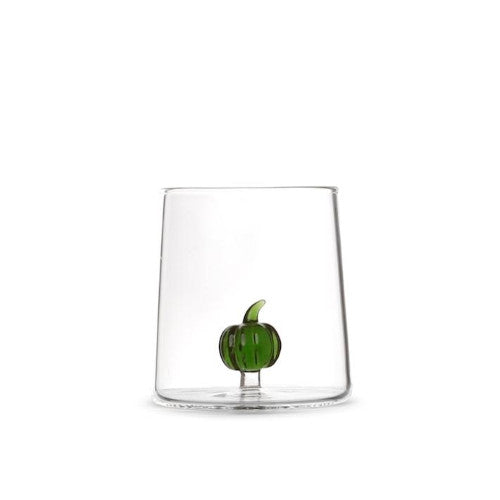 Bicchiere in vetro borosilicato trasparente con miniature decoro zucca verdeH&H