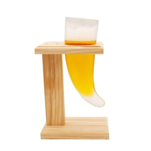 WINKEE Corno birra viking in vetro con supporto in legno