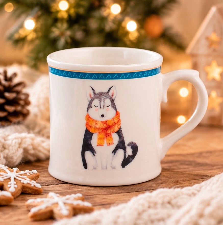 Mug NBC Winter Lupo in Ceramica da 350 ml - Tazza Invernale con Decorazione Lupo e Sciarpa Arancione H&H