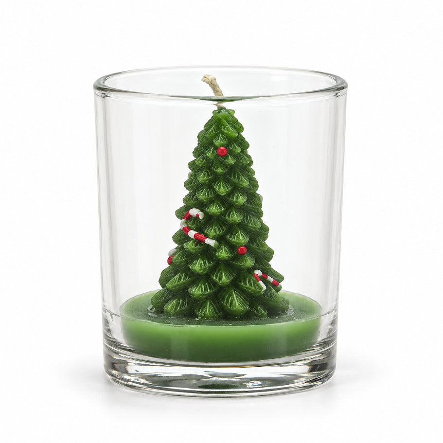 Candela Natalizia in Bicchiere di Vetro con Albero di Natale Verde Decorato