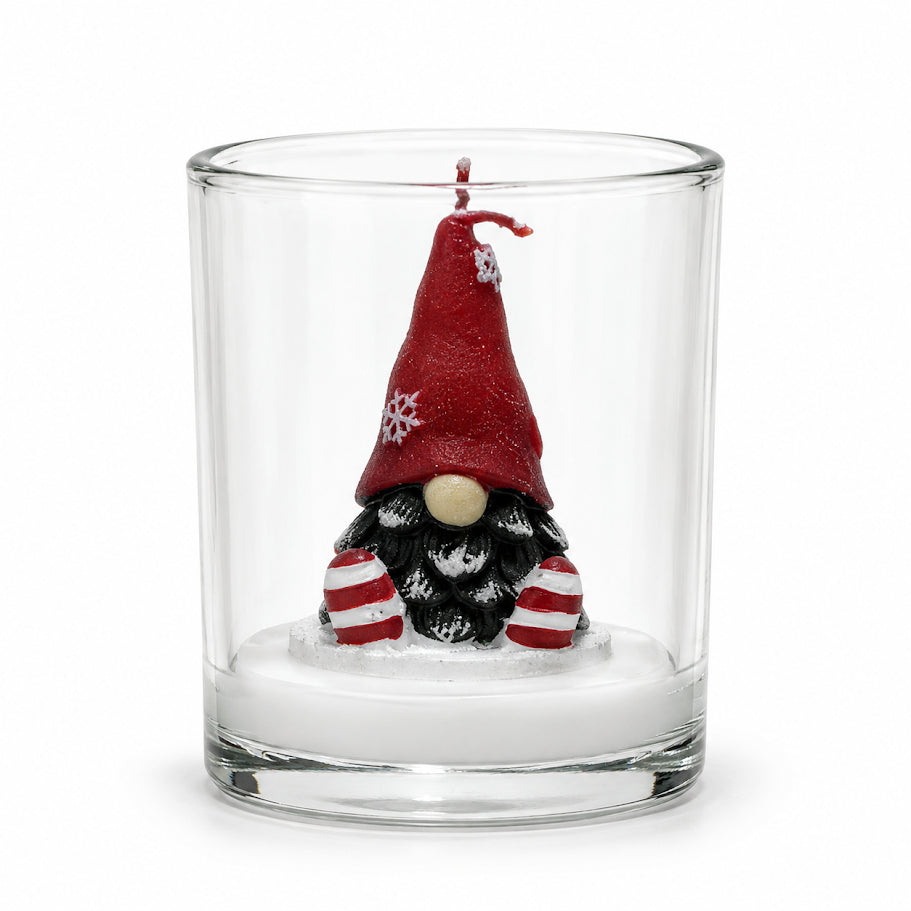 Candela Natalizia in Bicchiere di Vetro con Gnomo dal Cappello Rosso